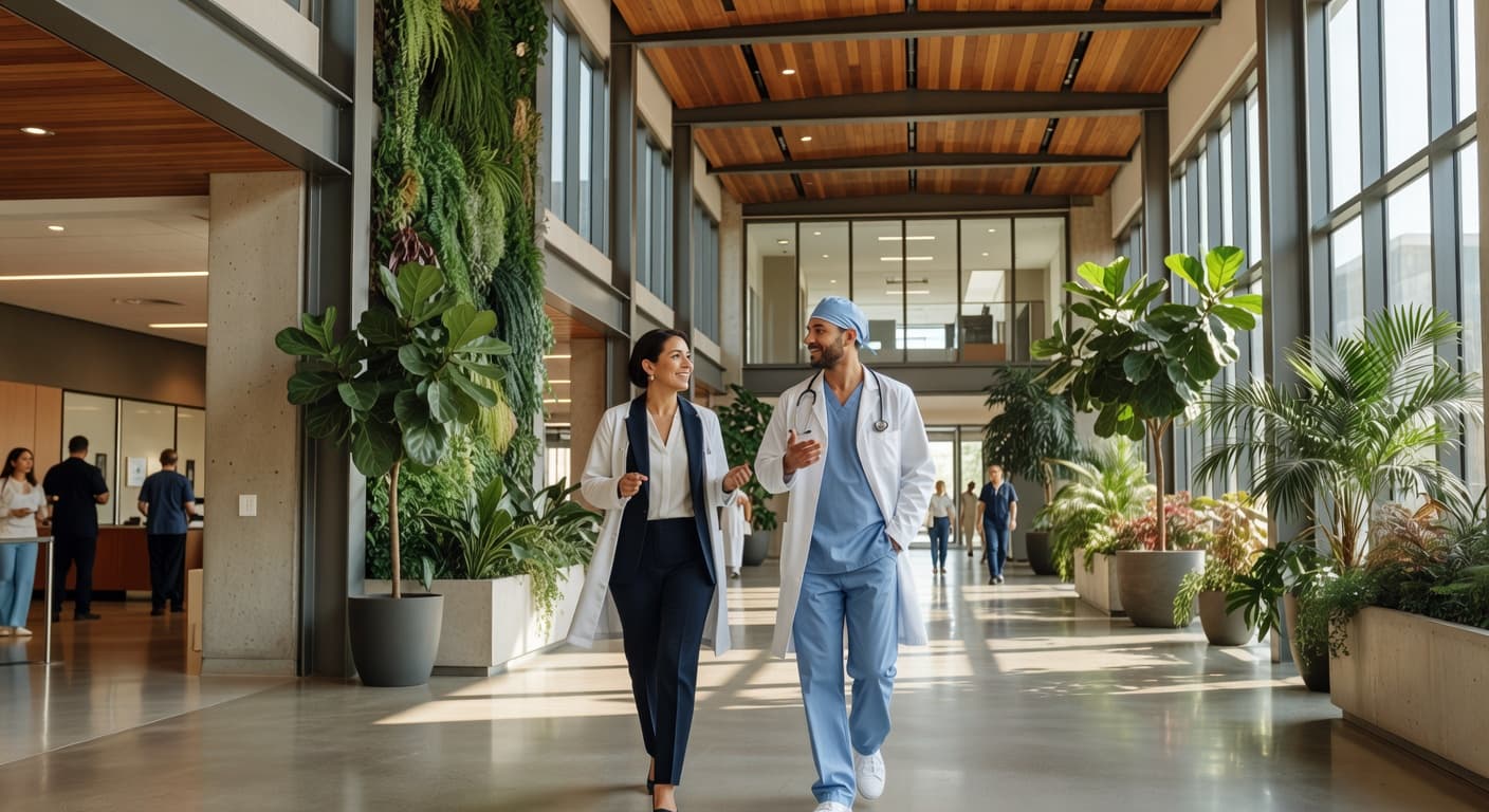 Hospital administrator and surgeon discussing outcomes